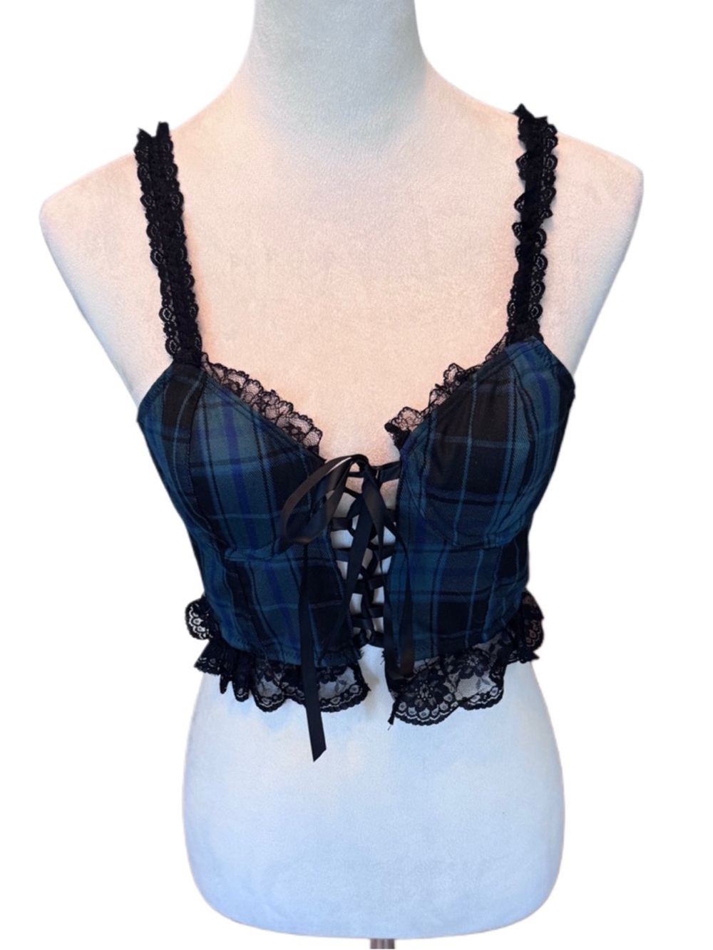 NWT DOLLS KILL WIDOW TEAL CHARM SCHOOL DROPOUT PLAID CORSET CROP TOP BLK LACE SM